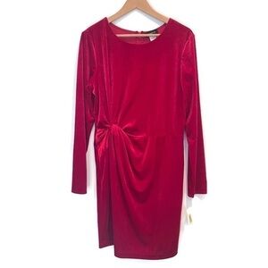 New Red Velvet Long Sleeve Body Con Dress - Size 15/16